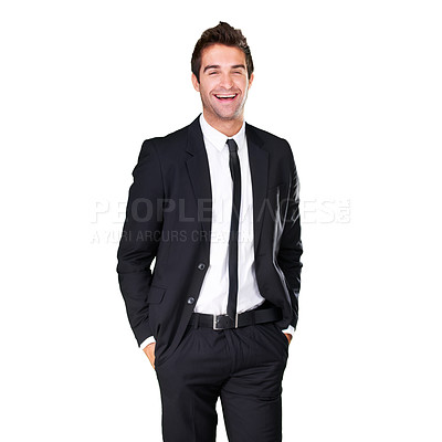Buy stock photo Business man, portrait and laughing in studio for fashion, mockup space and professional style. Corporate male model isolated on a white background for happiness, funny and comic expression on face