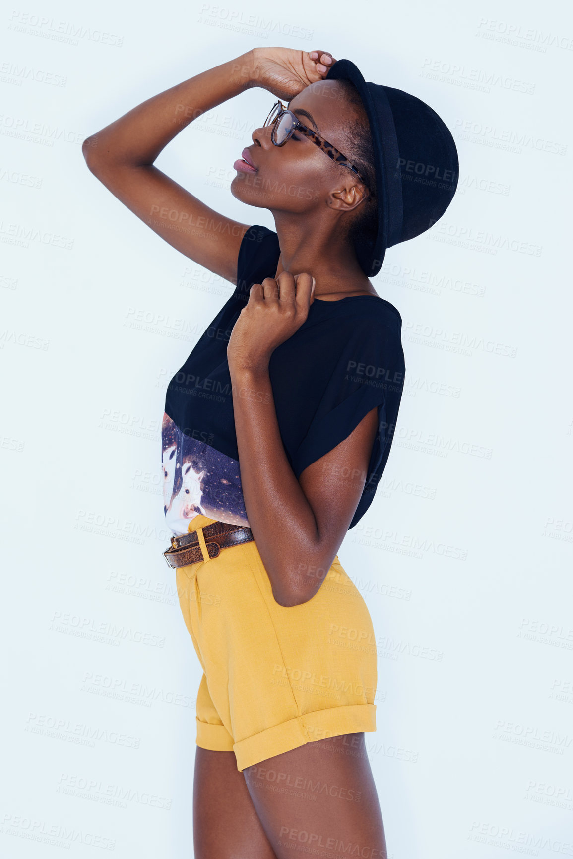Buy stock photo Fashion, glasses and hat with profile of black woman in studio on white background for hipster style. Model, clothes and eyes closed with relaxed young african person in trendy clothing outdoor