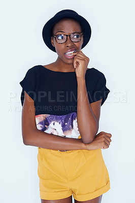 Buy stock photo Fashion, thinking and confused with hipster black woman in studio on white background for style. Doubt, question and idea for solution with young person in trendy clothes outfit for problem solving