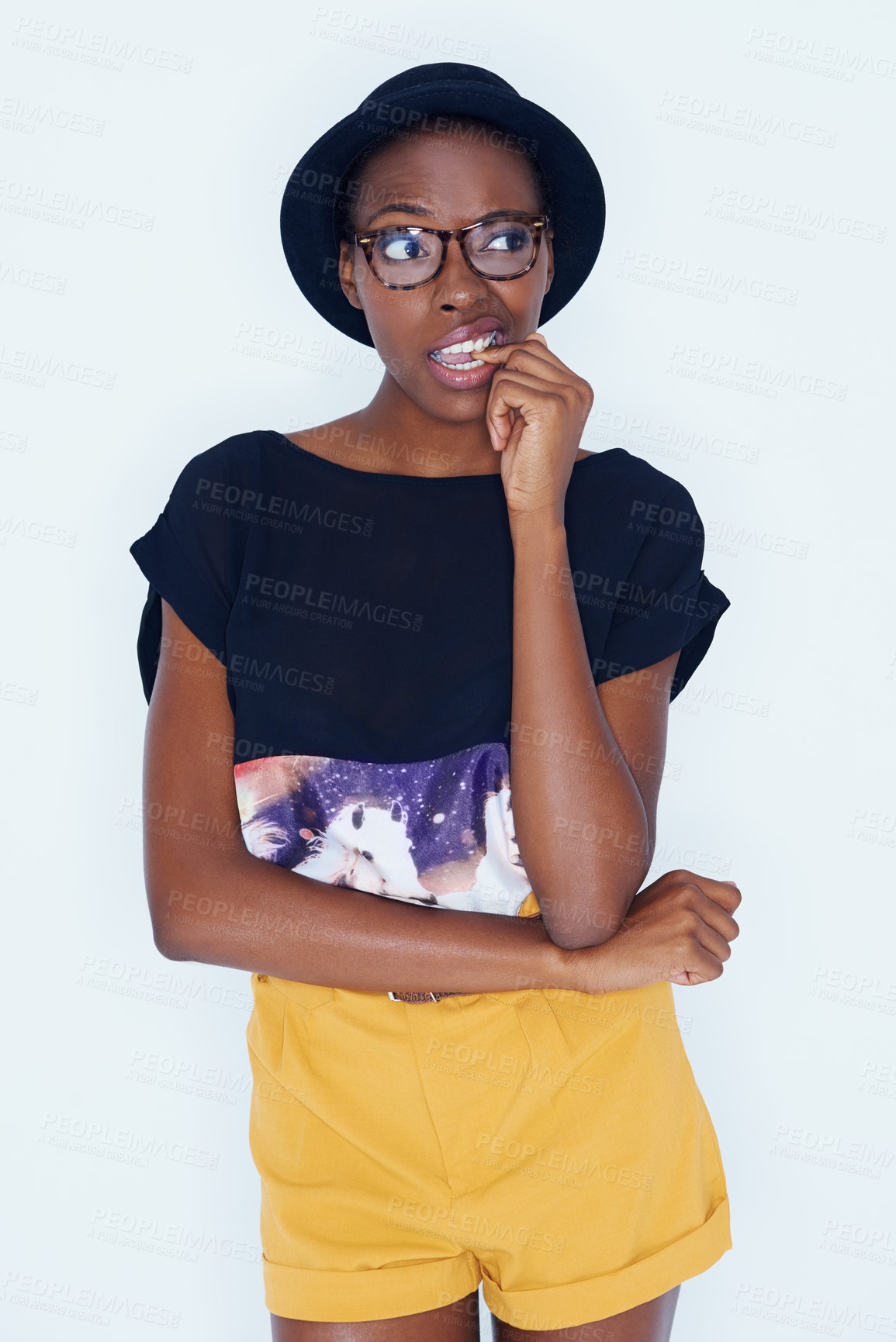 Buy stock photo Fashion, thinking and confused with hipster black woman in studio on white background for style. Doubt, question and idea for solution with young person in trendy clothes outfit for problem solving