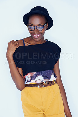Buy stock photo Fashion, beauty and African woman on a white background in trendy, stylish and casual clothes. Confidence, hipster style and isolated attractive person with smile, glasses and happiness in studio