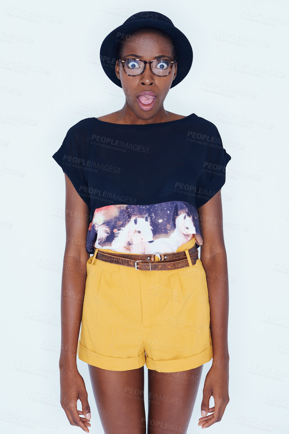 Buy stock photo Portrait, fashion and surprise with hipster black woman in studio on white background for reaction or alert. Wow, shock or omg and young person in glasses with wtf emoji or facial expression
