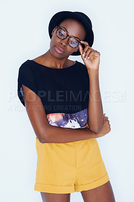 Buy stock photo Fashion, glasses and African woman on a white background in trendy, stylish and casual clothes. Confidence, hipster style and isolated attractive person with accessory, hat and aesthetic in studio