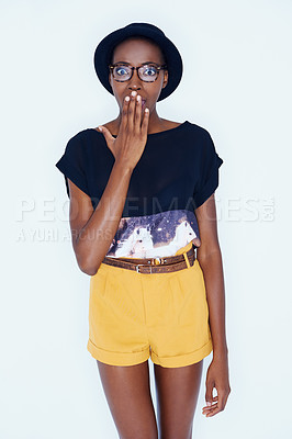 Buy stock photo Portrait, fashion and wow with hipster black woman in studio on white background for reaction or alert. Surprise, shock or omg and young person in glasses with wtf emoji or facial expression