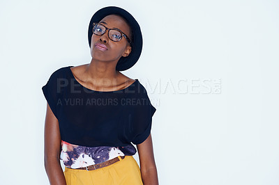 Buy stock photo Fashion, space and portrait of black woman with attitude in studio on white background for hipster style. Model, glasses and hat with confident young african person in trendy clothing outfit
