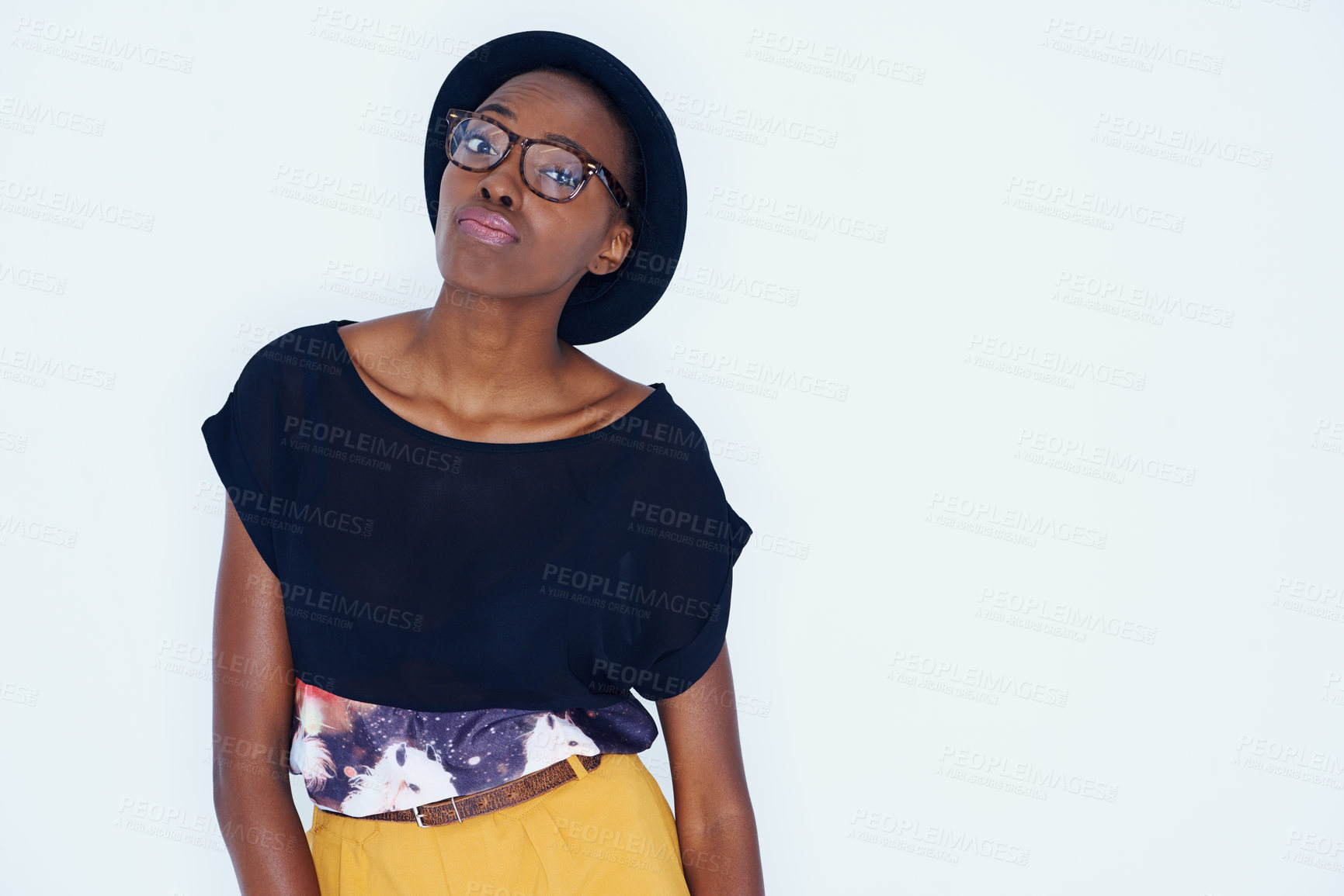 Buy stock photo Fashion, space and portrait of black woman with attitude in studio on white background for hipster style. Model, glasses and hat with confident young african person in trendy clothing outfit