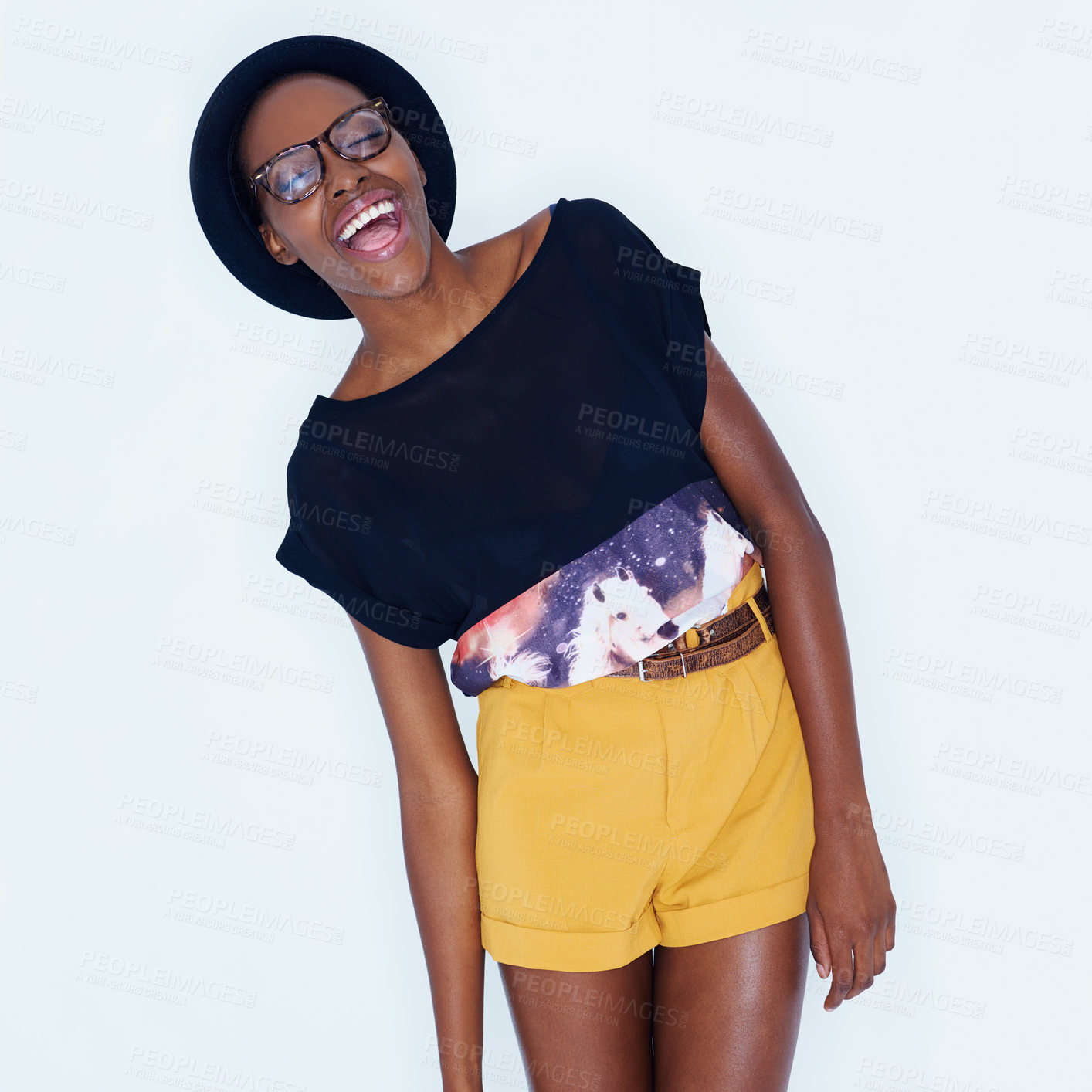 Buy stock photo Fashion, laughing and African woman on a white background in trendy, stylish and casual clothes. Confidence, hipster style and isolated attractive person with smile, glasses and happiness in studio