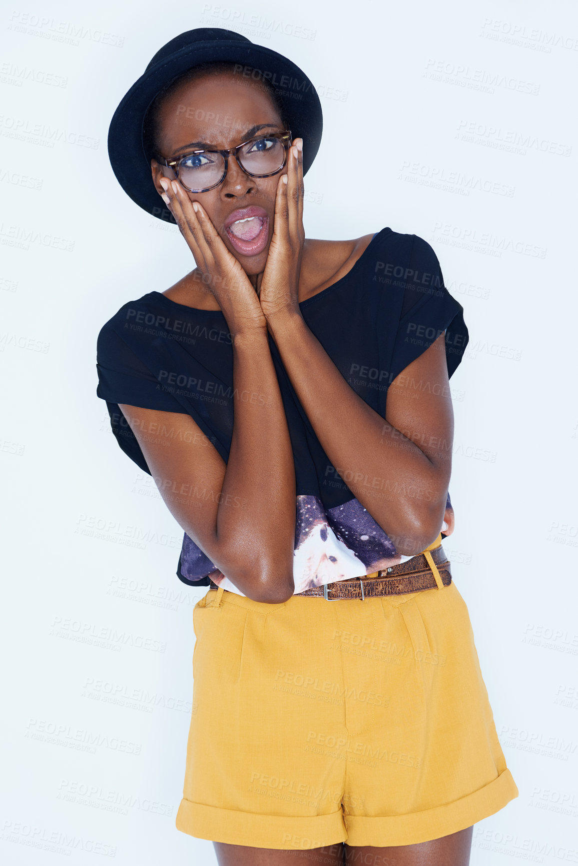 Buy stock photo Portrait, fashion and shock with hipster black woman in studio on white background for reaction or alert. Wow, surprise or omg and young person in glasses with wtf emoji or facial expression