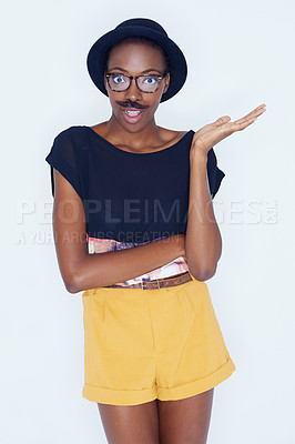 Buy stock photo Funny, fashion and portrait of black woman with mustache in studio with hipster in white background. Silly, nerd and geek with goofy style and surprise comedy joke with trendy hat or unique outfit