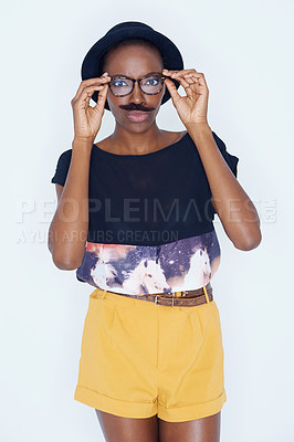 Buy stock photo Cool, woman and portrait with mustache in studio with hipster fashion and funny model in background. African, person and silly nerd with goofy style and joke with trendy hat or unique outfit