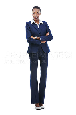 Buy stock photo Portrait, business and black woman with arms crossed in studio isolated on a white background mockup. Job, confidence and professional lawyer in suit, attorney and African employee working in Kenya