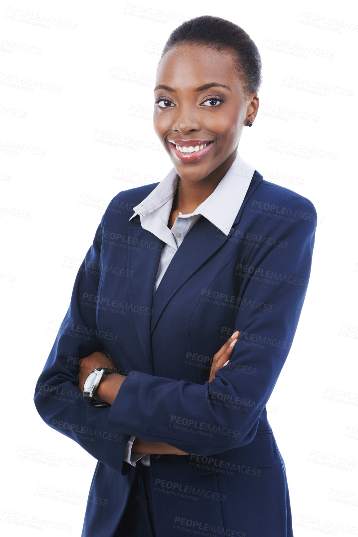 Buy stock photo Portrait, business and smile of black woman with arms crossed in studio isolated on a white background. Face, confidence and professional lawyer in suit, attorney and employee work on career in Kenya