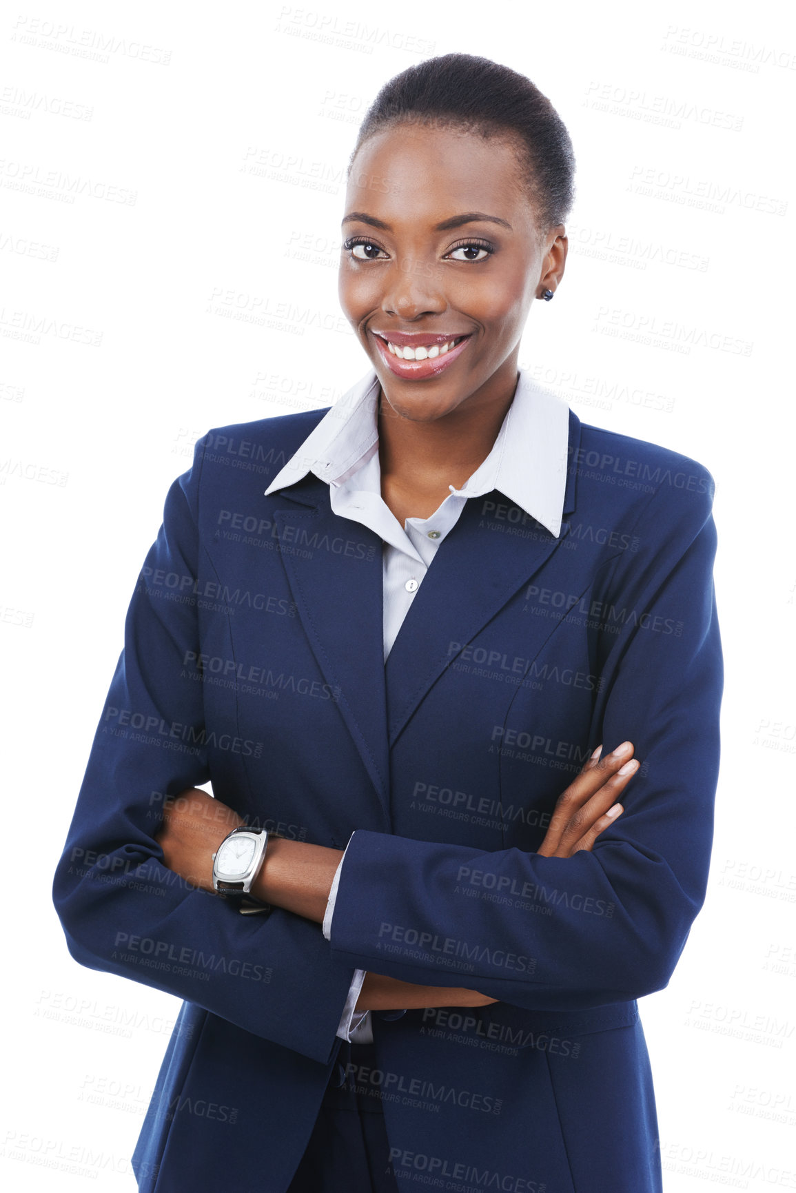 Buy stock photo Portrait, business and happy black woman with arms crossed in studio isolated on a white background. Face, confidence and professional lawyer in suit, attorney and employee working on career in Kenya
