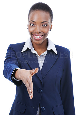 Buy stock photo Portrait of an african-american businesswoman extending her hand for a handshake