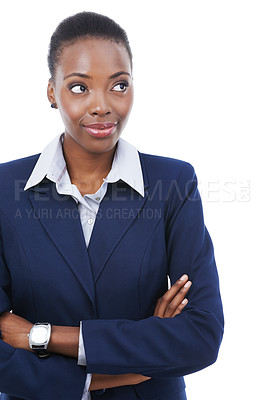 Buy stock photo Business, thinking and black woman with arms crossed in studio or lawyer in white background and mockup. Legal, question and attorney curious for information to faq and problem solving with law
