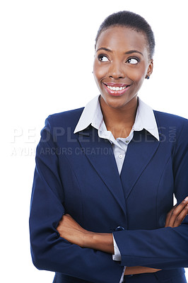Buy stock photo African, happy woman and thinking of business with arms crossed and lawyer in white background of mockup. Legal, solution and attorney smile for information to faq and ideas for law in studio