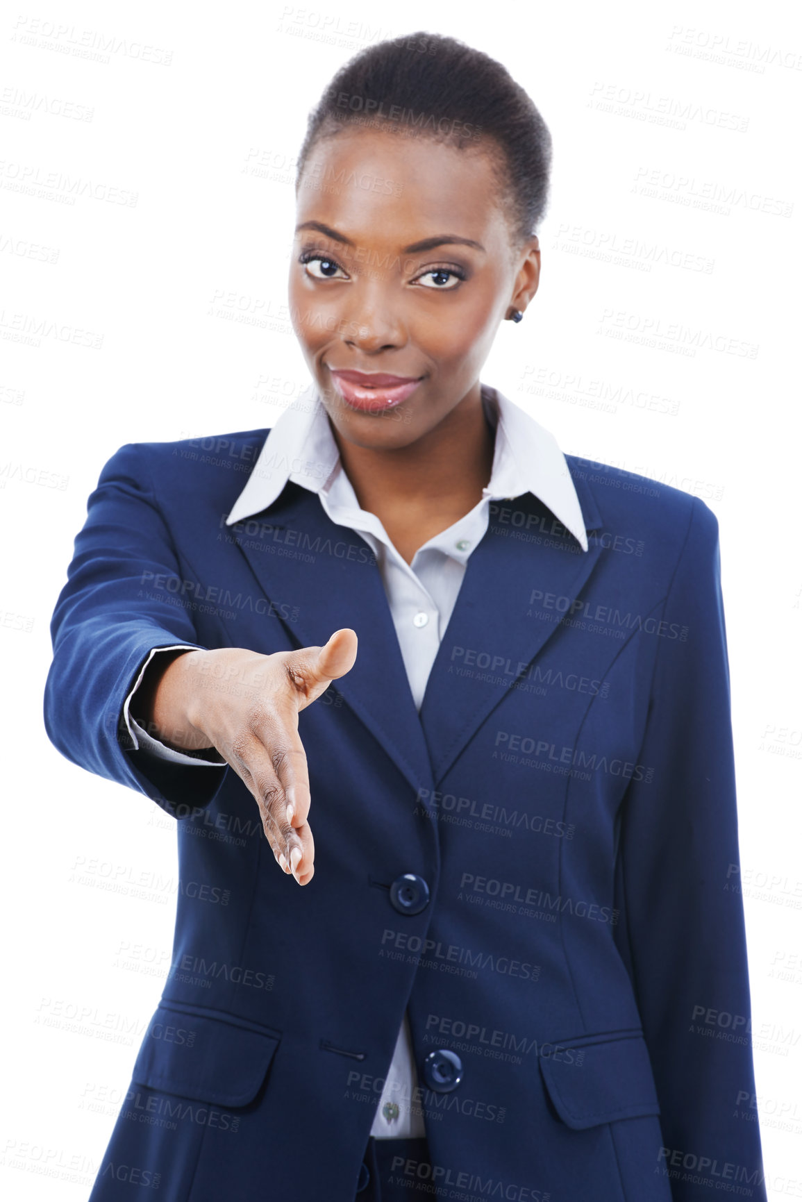 Buy stock photo Portrait, handshake and black woman with business offer, deal or b2b partnership. Face, shaking hands or professional with opportunity, intro or welcome greeting isolated on a white studio background