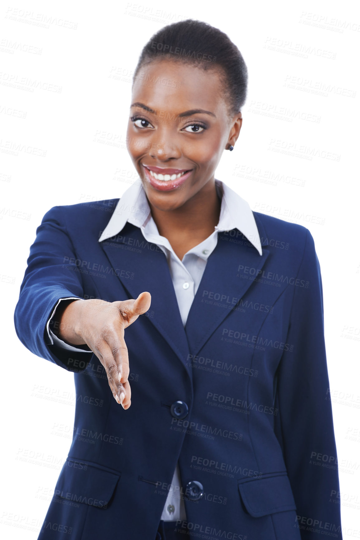 Buy stock photo Portrait, shaking hands and black woman with business offer, deal or b2b partnership. Face, handshake and happy professional with opportunity, intro and welcome isolated on a white studio background