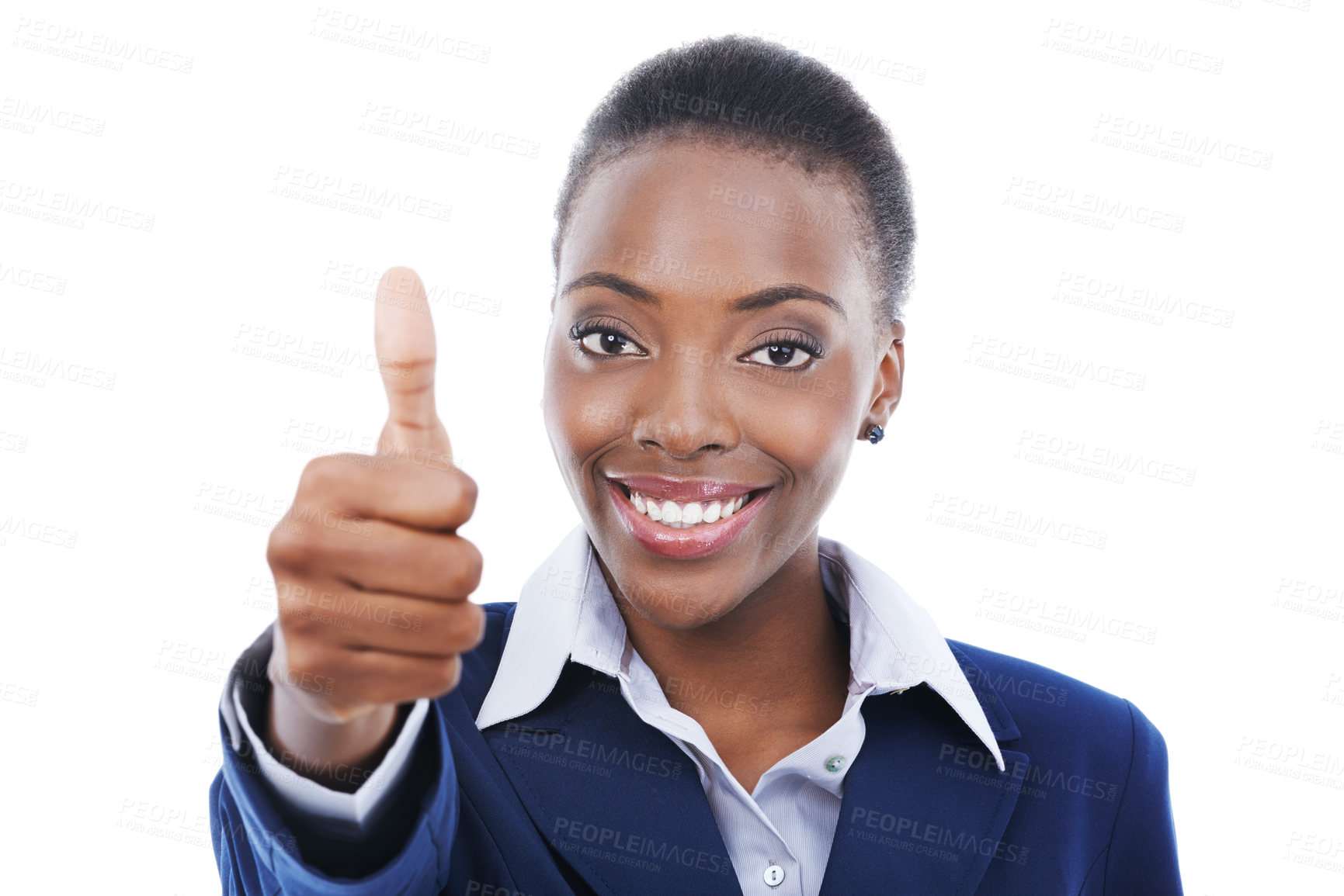 Buy stock photo Thumbs up, portrait and black woman with agreement in business with happiness in white background. African, entrepreneur and show thank you sign with hand for approval and emoji for like and yes