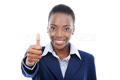 Buy stock photo Yes, thumbs up and portrait of black woman in business with agreement and happiness in white background. African, entrepreneur and show thank you sign with hand for approval in feedback or like emoji