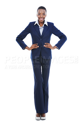 Buy stock photo Portrait, business and happy black woman with confidence in studio isolated on a white background mockup. Job, smile and professional lawyer in suit, attorney and African employee working in Kenya