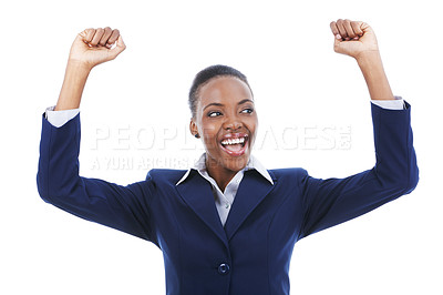 Buy stock photo Business, success and excited black woman in celebration of goal achievement in studio isolated on a white background. Cheers, yes and happy professional with victory, award winner or bonus promotion