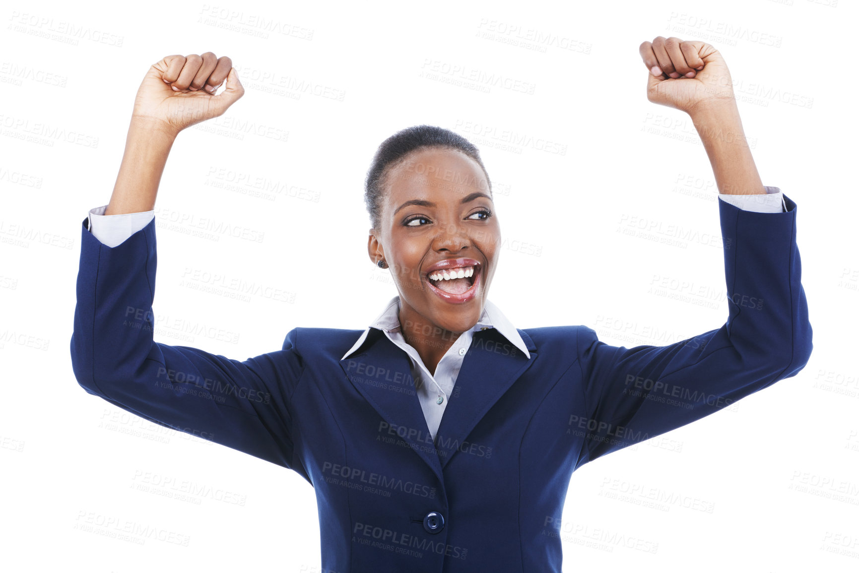 Buy stock photo Business, success and excited black woman in celebration of goal achievement in studio isolated on a white background. Cheers, yes and happy professional with victory, award winner or bonus promotion