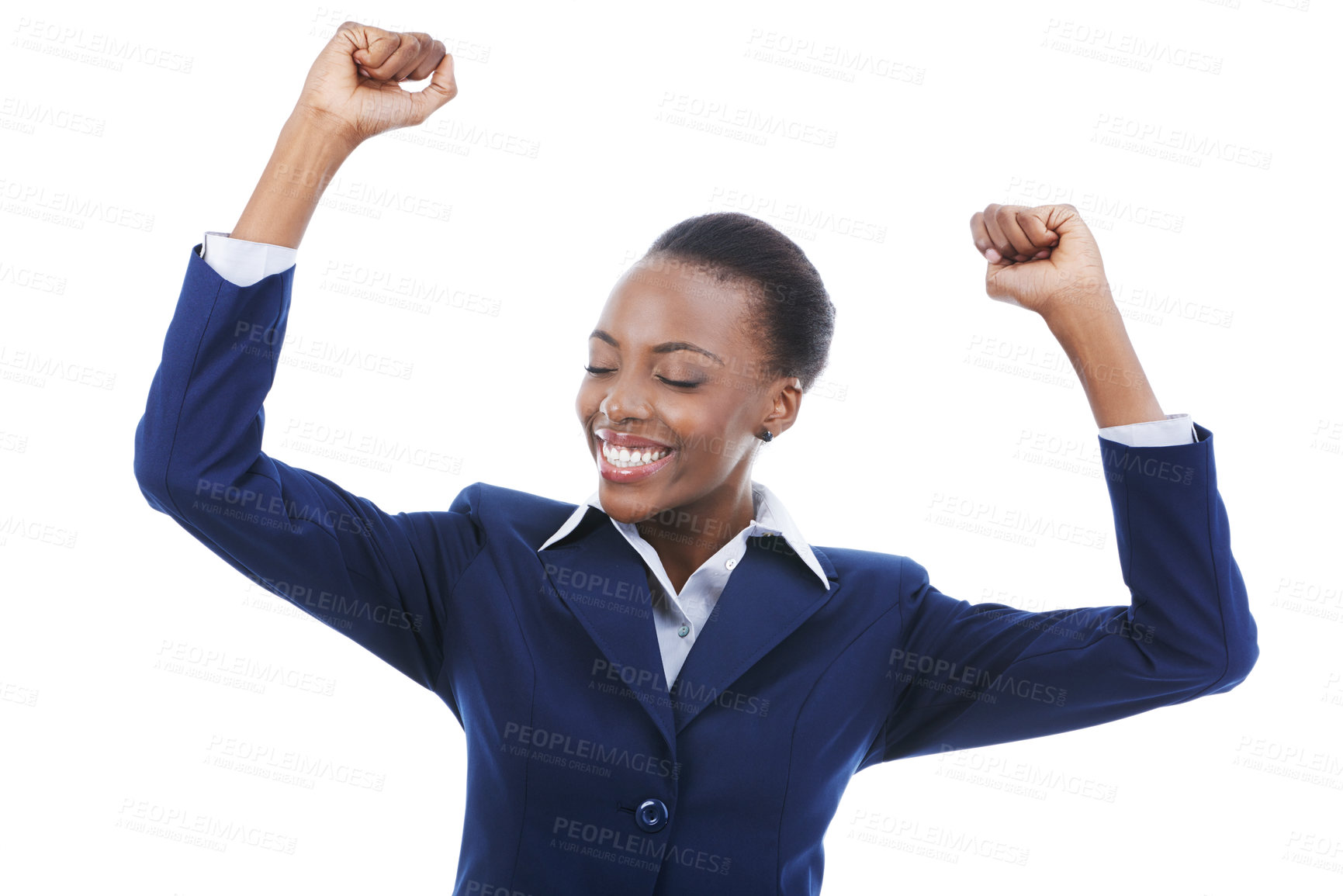 Buy stock photo Business, success and happy black woman in celebration of goal achievement in studio isolated on a white background. Cheers, yes and professional smile for victory, award winner or bonus promotion