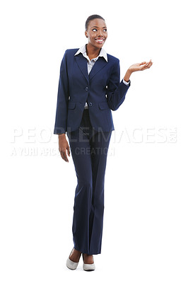 Buy stock photo Business, black woman and palm for presentation of advertising, mockup and show space isolated on a white studio background. Smile, professional and hand for promotion, marketing or commercial offer