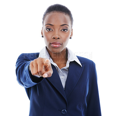 Buy stock photo Serious, black woman and pointing at you in portrait for recruitment in business on white background. Selection, decision and person in hr gesture with hand to join us with onboarding choice
