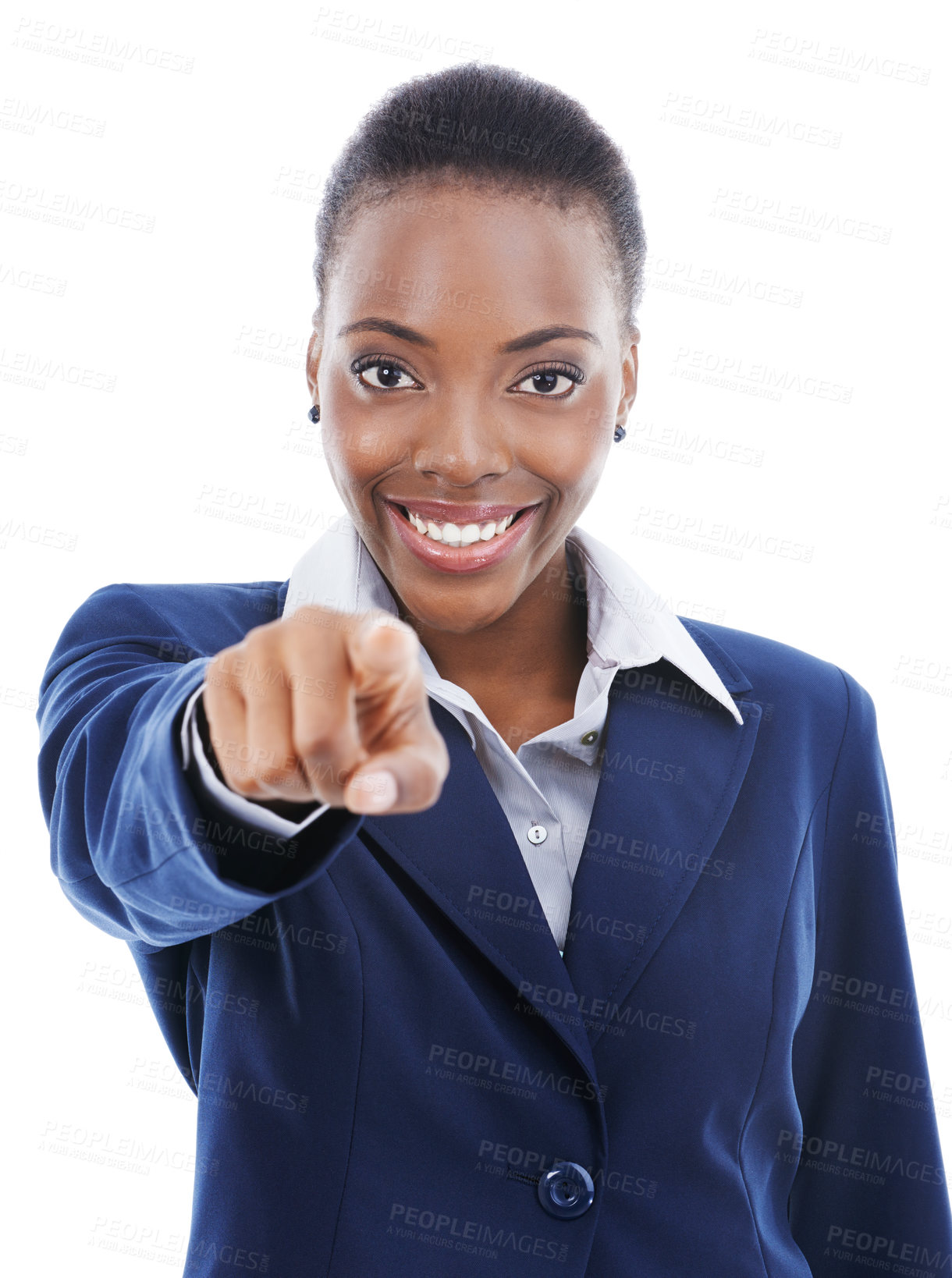 Buy stock photo Happy, black woman and portrait with pointing at you for recruitment in business on white background. Hiring, decision and human resources person gesture with hand to join us with onboarding choice