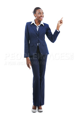 Buy stock photo Business, black woman and pointing at presentation of advertising, mockup and show space isolated on a white studio background. Smile, professional and hand gesture for promotion, marketing or offer