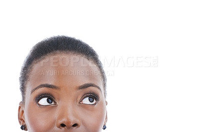 Buy stock photo Question, thinking and face of black woman with ideas in studio or African person remember in white background of mockup. Curious, girl and search memory for information to faq and problem solving