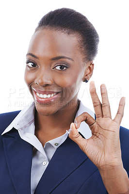 Buy stock photo Portrait, business and black woman with ok sign at studio isolated on a white background. Face, okay hand gesture and happy professional with perfect emoji symbol of success, excellence or agreement
