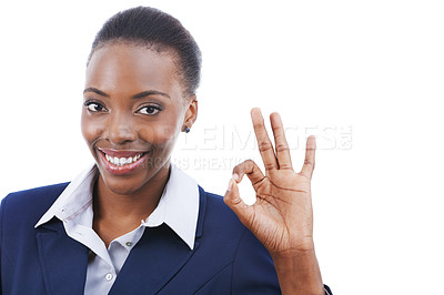 Buy stock photo Portrait, business and black woman with okay sign for success at studio isolated on a white background. Face, ok hand gesture and happy professional with perfect emoji symbol, excellence or agreement