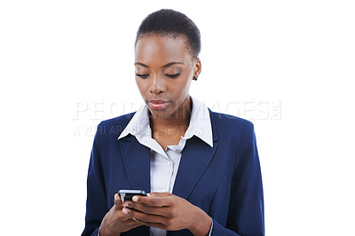 Buy stock photo Business, phone and serious black woman typing email, research or reading notification. Smartphone, professional consultant scroll on mobile app and networking isolated on a white studio background