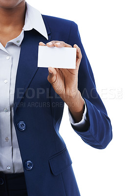 Buy stock photo Person, hands and business card in studio for marketing with advertising space and information on contact us. Entrepreneur, employee and showing blank paper for brand logo or news on white background