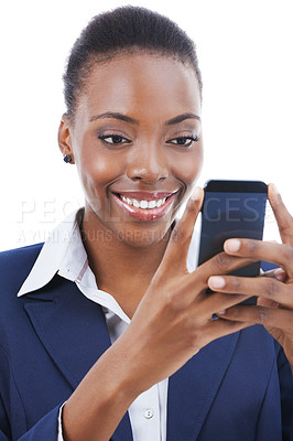 Buy stock photo Studio shot of a young african american businesswoman texting on a mobile isoalted on white