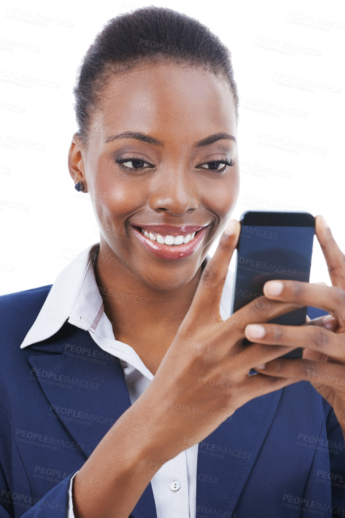 Buy stock photo Studio shot of a young african american businesswoman texting on a mobile isoalted on white