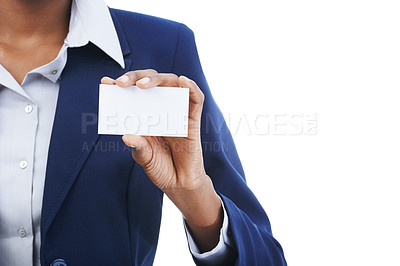 Buy stock photo Person, hands and business card in studio with mockup for advertising space and information or contact us. Entrepreneur, employee and showing blank paper for branding logo or news on white background