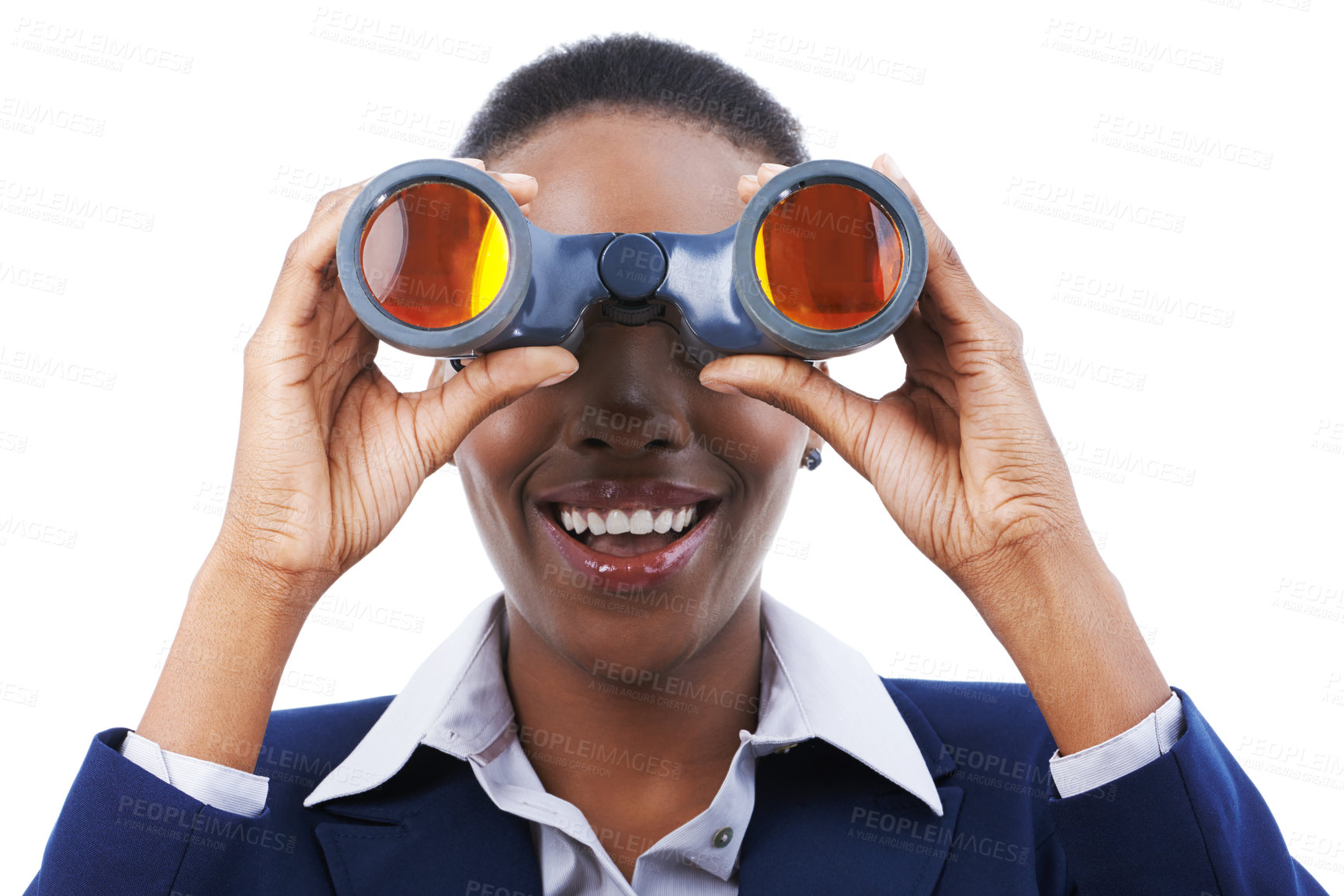Buy stock photo Shot of a young african american businesswoman holding binoculars