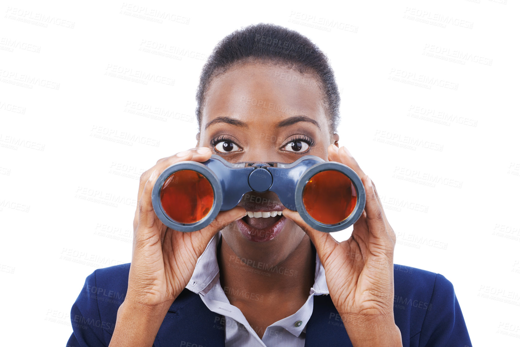Buy stock photo Woman, face and shocked with binocular in studio for scenery, travel location or holiday adventure. Flight attendant, african person and sightseeing view on business trip with white background