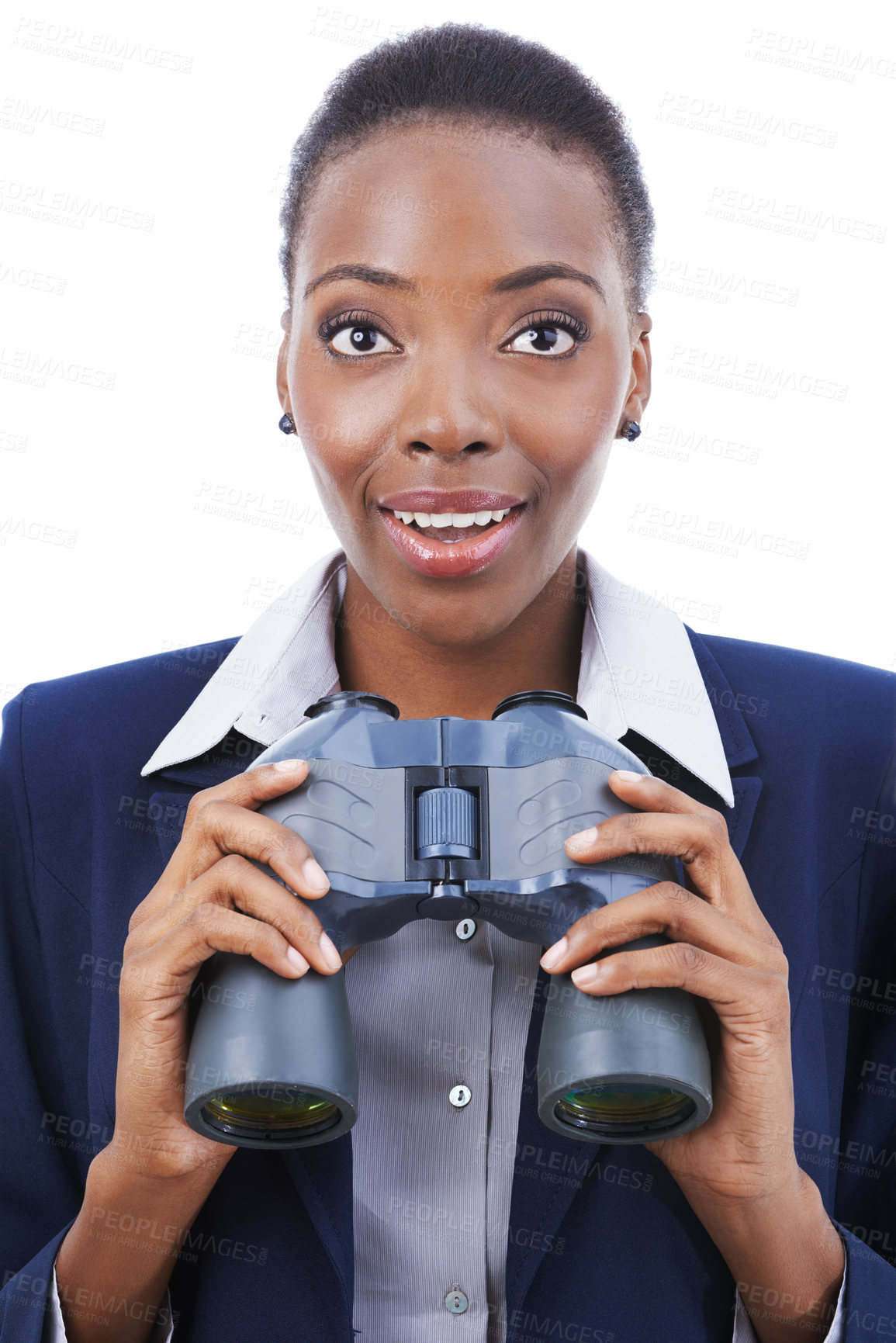 Buy stock photo Businesswoman, face and happy with binocular in studio for opportunity, announcement or search. Entrepreneur, african person and surprised by good news on mock up space with white background