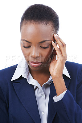 Buy stock photo Business, woman and headache in studio with stress, burnout or mental health for career overwork. Entrepreneur, african person and migraine from corporate fatigue, tired or strain on white background