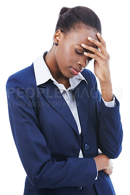 Buy stock photo Business, woman and headache in studio with mental health, burnout or stress for career overwork. Entrepreneur, african person and migraine from corporate fatigue, tired or strain on white background
