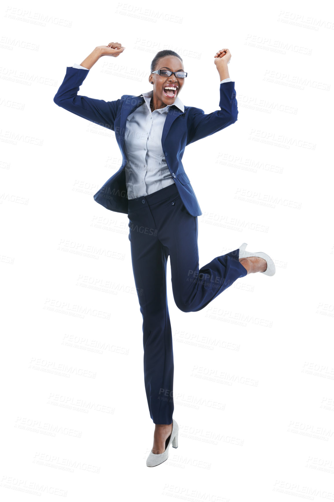 Buy stock photo Business winner, portrait and black woman jump in air for celebration of goal achievement in studio isolated on a white background. Cheers, yes or excited person leap in victory, success or promotion