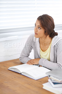 Buy stock photo Student, woman and thinking with books for study, knowledge or education with idea for learning in bedroom. Young person, girl and thoughtful at desk with novel for scholarship, project or assessment