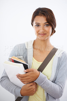 Buy stock photo Portrait, student and woman with books in studio isolated on a white background. Face, textbook and young person in university for education, knowledge or learning in college on scholarship in Brazil
