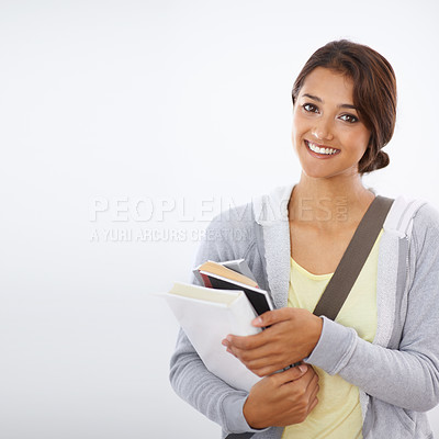 Buy stock photo Portrait, student and happy woman with books in studio isolated on a white background mockup space. Face, textbook and person in university for education, knowledge or learning in college in Brazil