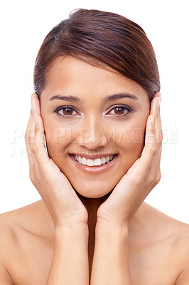 Buy stock photo Portrait, happy and beauty with natural woman in studio on white background for aesthetic wellness. Smile, skincare and cosmetics with face of young person looking satisfied with smooth or soft skin